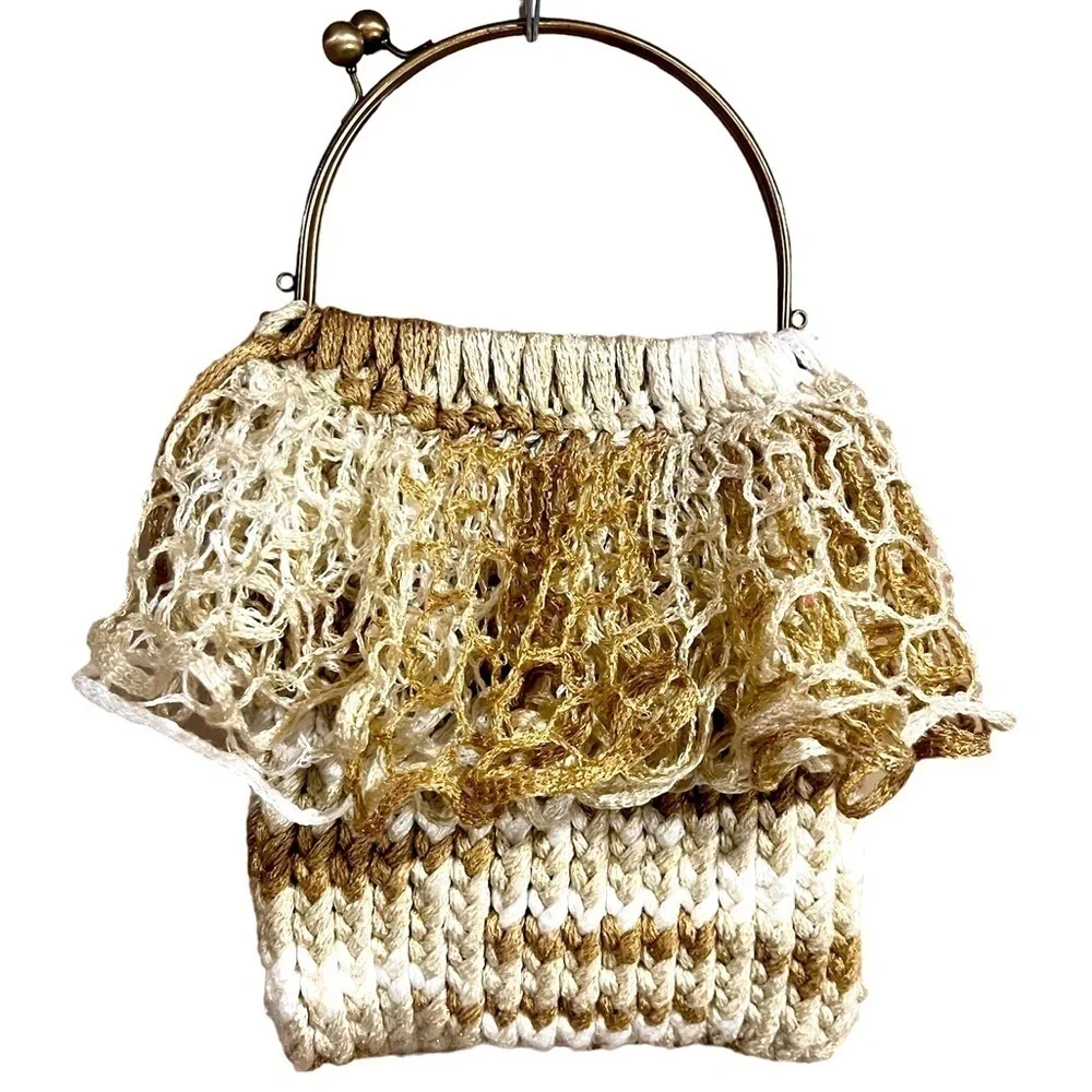 Handmade Knit Crochet Clutch Purse Granny Bag Vintage Style Kiss‎ Lock Handle